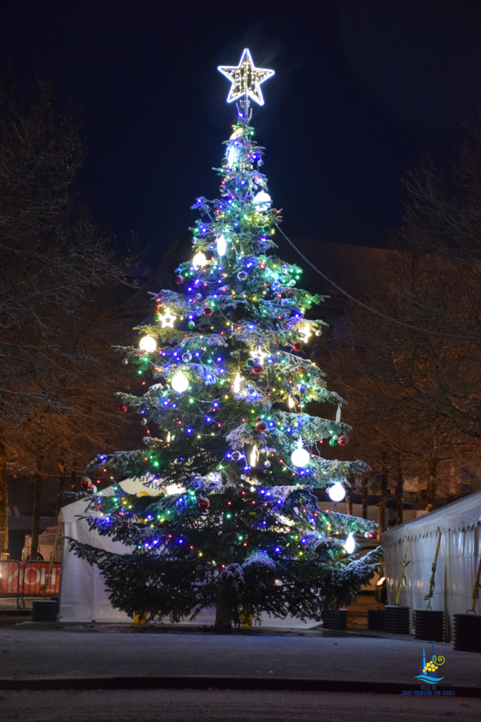 Sapin de Noël illuminé sur les cours 
