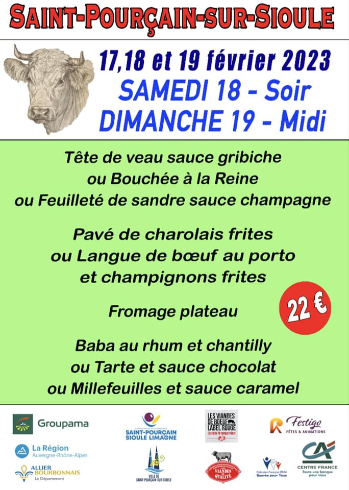 Foire bovins 2023 menu samedi 18 soir et dimanche 19 midi 