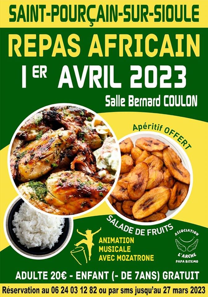 Affiche repas africain association L'Arche le 1er avril 2023