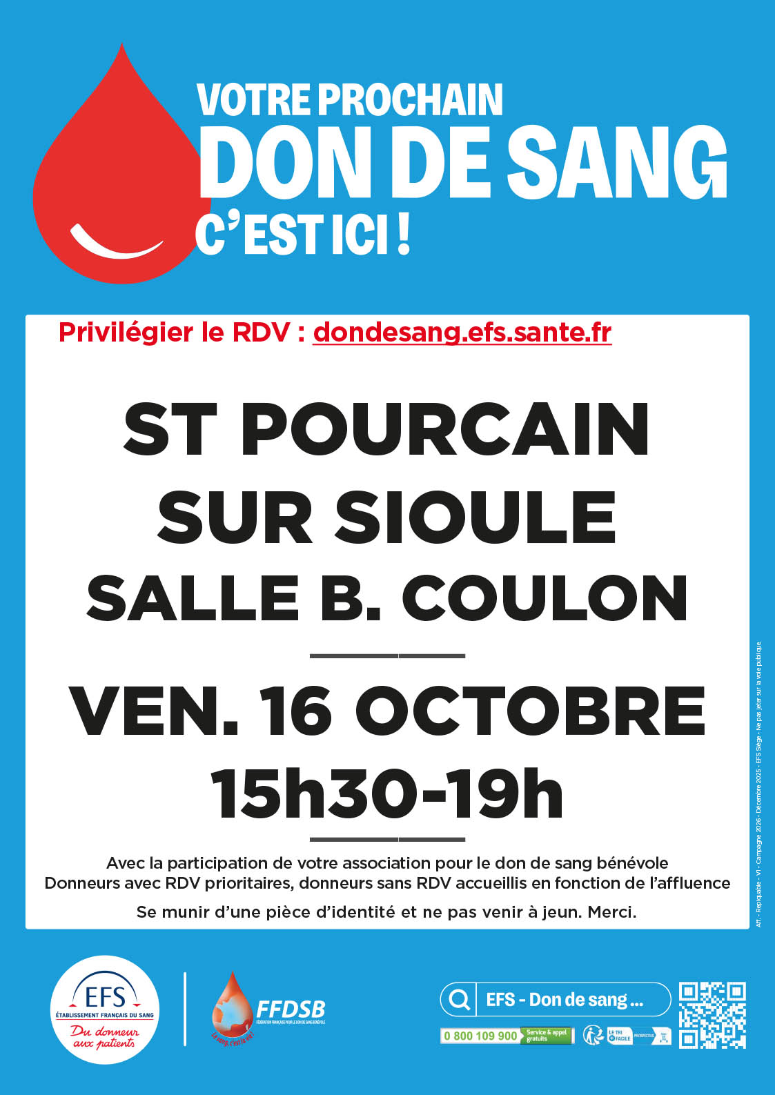 Don du sang – vendredi 16 octobre